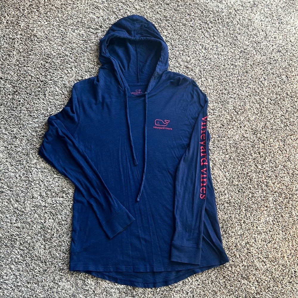 Vineyard Vines Navy Long Sleeve Hoodie Tee with Pink Logo